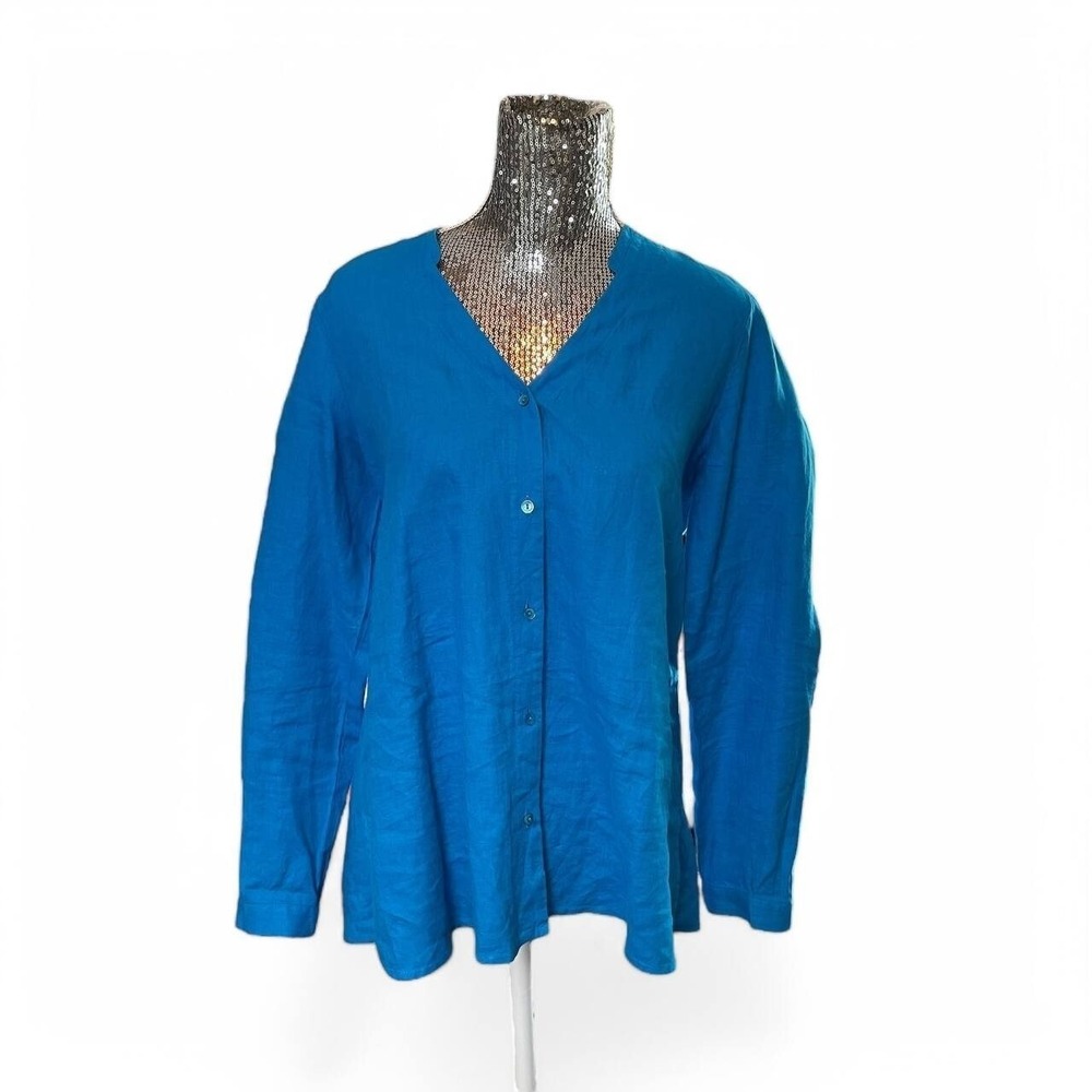 Eileen Fisher‎ Linen Button Front Top Long Sleeve Blue Small Coastal Minimalist